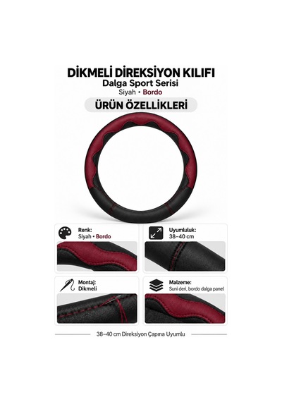 Trobus Ford Fiesta 2018-2023 Uyumlu Dikmeli Direksiyon Kılıfı Dalga Sport Deri Siyah Bordo Siyah - Bordo