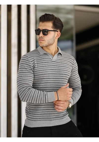Gri Erkek Slim Fit Polo Yaka Patlı Triko Kazak-trz19132r02s Gri