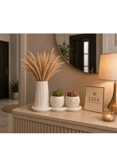 3 Lü Taş Tozu Dekoratif Vazo Seti Pampas & Sukulent Uyumlu El Yapımı Modern Set