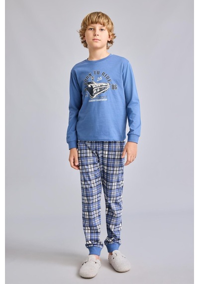 Defacto Regular Fit Baskılı Ve Ekoseli 2li Erkek Çocuk Pijama Takımı H6686a826aube341 Mavi-be341