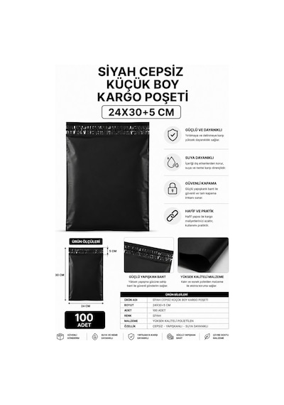 Siyah Cepsiz Küçük Boy Kargo Poşeti 24x30+5 Cm 100 Adet