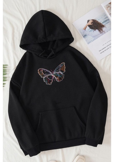 Butterfly Baskılı Sweatshirt Siyah