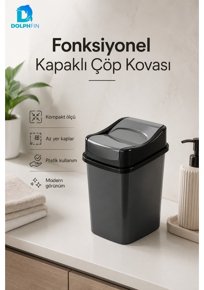 Girdap Kapaklı Çöp Kovası 2 Litre Siyah Kompakt Masaüstü Banyo Ofis Çöp Kutusu