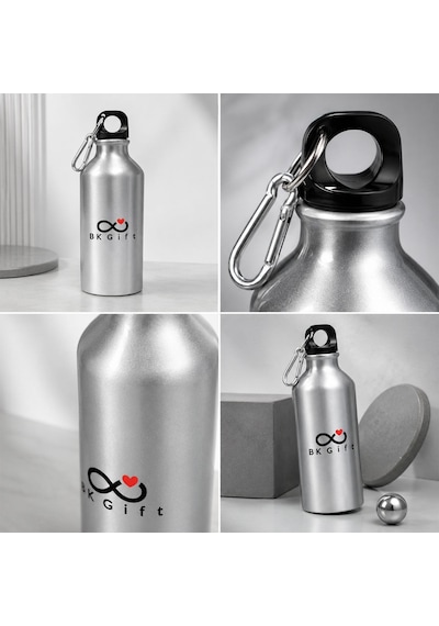 Logonuza Özel 5 Adet Kancalı Spor Su Matarası 600 Ml Alüminyum Kurumsal Matara Gümüş