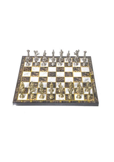 Lüks Metal Satranç Takımı Krom Kaplama Roma Ordusu Figür & Kehribar Mermer Desenli Tahta 20 Cm.