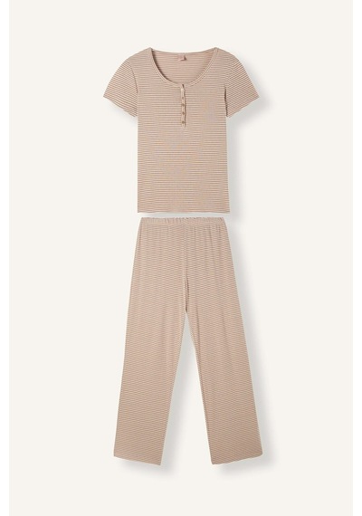 Defacto Regular Fit Çizgili Düğmeli Kısa Kollu 2li Pijama Takımı F9838ax26aubg402 Bej-bg402