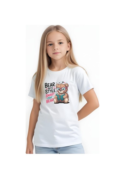 Fyk Kids Kız Çocuk Basic Bear Stayle Baskılı T-shirt Beyaz