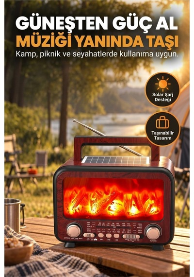 Şömine Efektli Retro Radyo Ve Bluetooth Hoparlör Solar Güneş Enerjili, Alev Işıklı, Taşınabilir Nostaljik Kamp Radyosu Kahverengi - 936928908