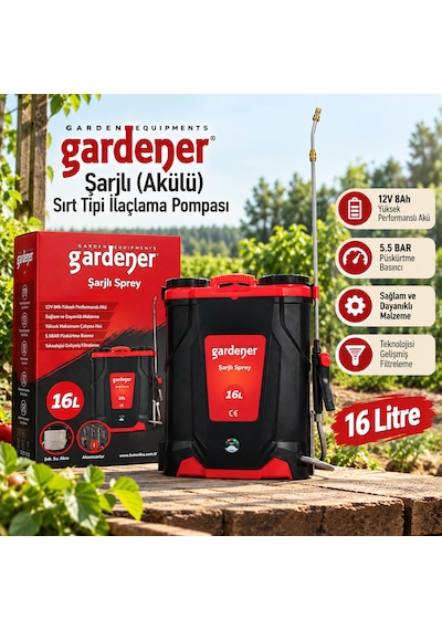 Gardener 165516 16 Litre 12v 8ah Akülü Şarjlı Sırt Tipi İlaçlama Pompası