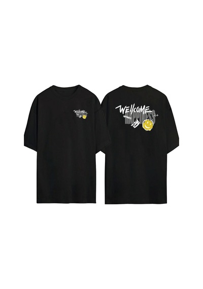 Thewert Unisex Wellcome Happınes Day Ön Arka Baskılı Sıyah Oversize T-shirt Siyah