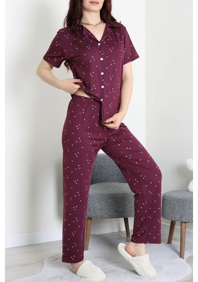 Modi Milan Kumaş Düğmeli Pijama Takımı Mürdüm - 750.1287. Açık Bej - Siyah