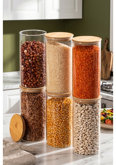 Porsima 2-3 Bambu Vakumlu Kapaklı Yuvarlak Borosilikat Cam 6lı Kavanoz Seti Saklama Kabı 1300ml 10x20cm Cam - Şeffaf