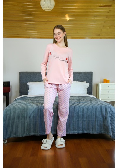 Akbeniz Kadın Penye Uzun Kol Pijama Takım 4115 - M Somon