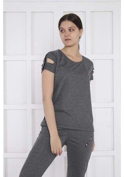 Kadın Spor G3 Melanj Alt-üst T-shirt Takım-3937 - M Koyu Gri Melanj