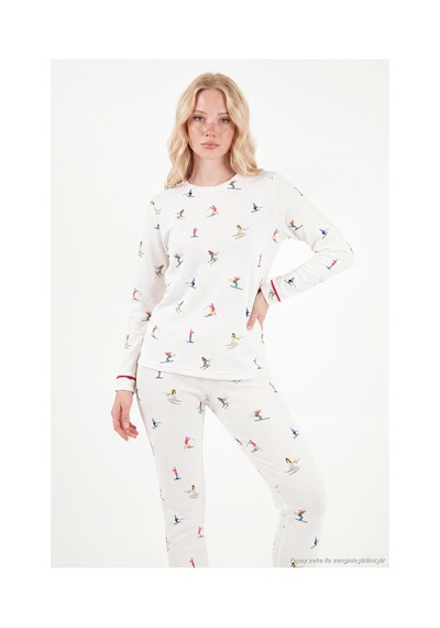 Lela Kış Temalı Bisiklet Yaka Uzun Kollu Pijama Takımı Kadın Pijama Takımı 6575019 Ekru