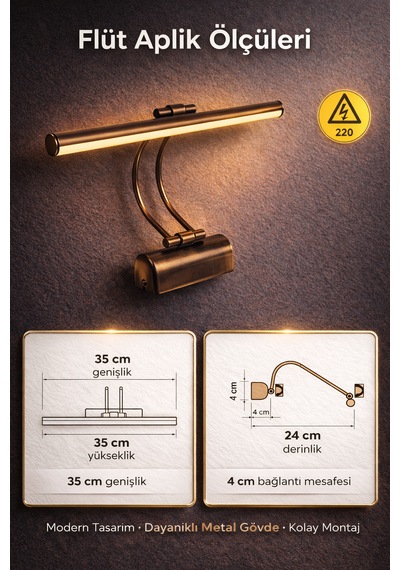 Merwish 35 Cm Flüt Led Aplik 3200k Sarı Işık Kablolu Duvar Apliği 220v Elektrik Bağlantılı Modern Tasarım Eskitme