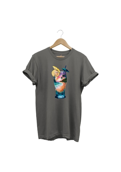 Summer Yaz Havasa Ve Kokteyl Baskılı %100 Pamuk Unisex Regular Fit T-shirt Gri