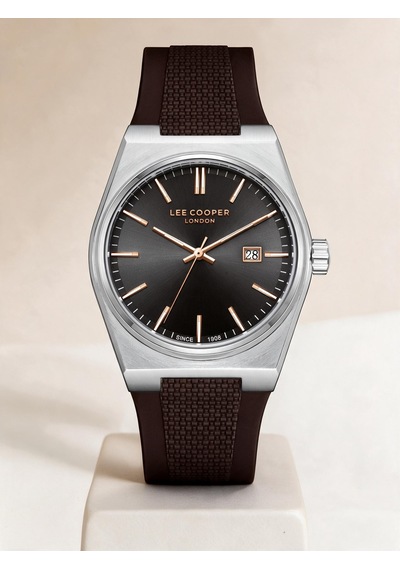 Lee Cooper Kahverengi Silikon Kayış Füme Kadran 40 Mm Yuvarlak Erkek Kol Saati, Bileklik Hediyeli Gümüş
