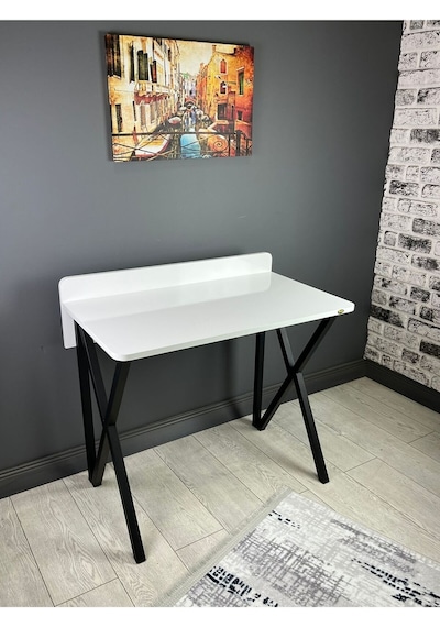 Hayal Beyaz Çalışma Masası Bilgisayar Ofis Masası Metal Siyah Ayaklı 90 Cm Beyaz - Siyah