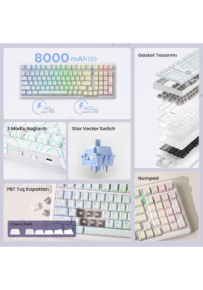 Aula F99 Mekanik Rgb Star Vector Switch 3 Modlu Kablosuz Makrolu Hot Swap Klavye Desenli Beyaz