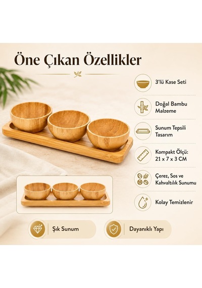 Lexroo 3 Lü Bambu Kase Seti, Sunum Tepsili Çerezlik Ve Atıştırmalık Servis Seti Çok Renkli