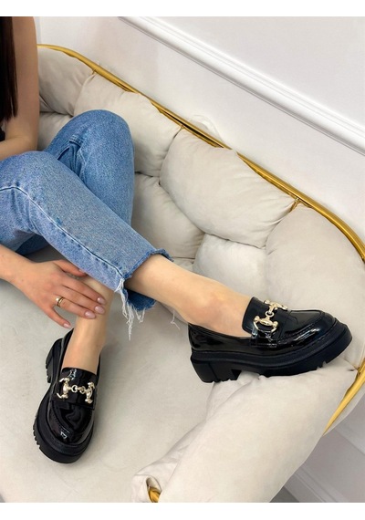 Erva'nın Butiği Siyah Rugan Mossible Zincir Detay Kadın Loafer-4493
