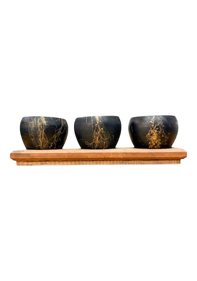 Bitki Tasarımı Black Marble Premium 3'lü Sukulent Kaktüs Saksı Seti Ahşap Standlı Dekoratif Saksılık 0.9 L
