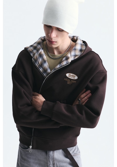 Vamos Boxy Fit Fermuarlı Kapüşonlu Sweatshirt V70-245 Kahve