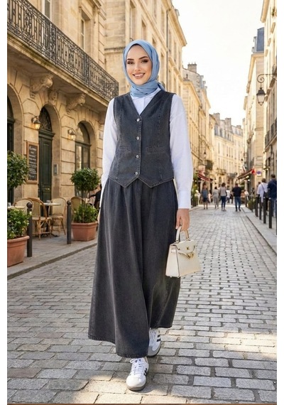 Hb Harma Time Butik Kadın Düğmeli Ve Cepli Kot Siyah Tunik Etek İkili Takım Siyah Siyah