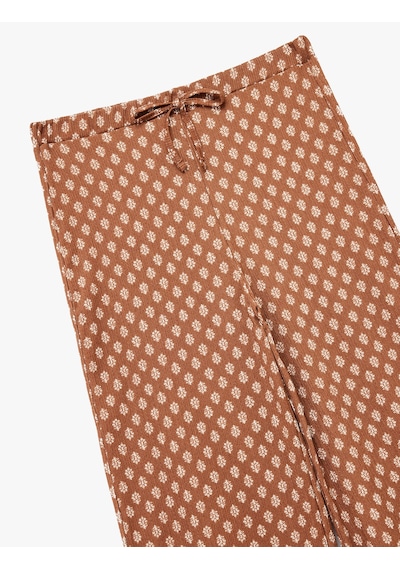 Koton Beli Bağcıklı Rahat Kalıp Yüksek Bel Pantolon Kahverengi Desenli 6wal40067ık Kahverengi Desenli