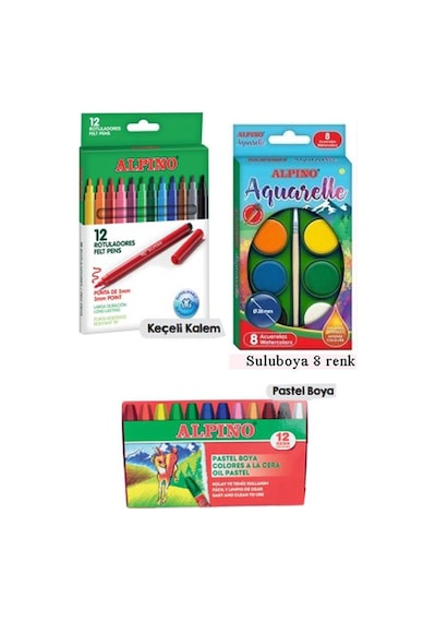 Okul Kırtasiye Seti 15 Parça 1 Paket Alpino Keçeli Kalem Kuruboya Pastel Boya Oyun Hamuru Makas Stick Yapıştırıcı