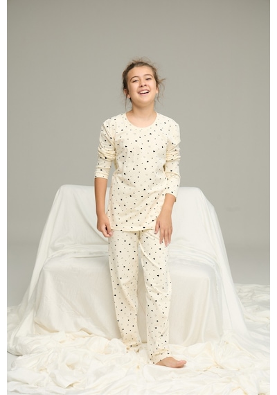 Siyah İnci Pamuklu Bisiklet Yaka Örme Pijama Takım25241142 Ekru