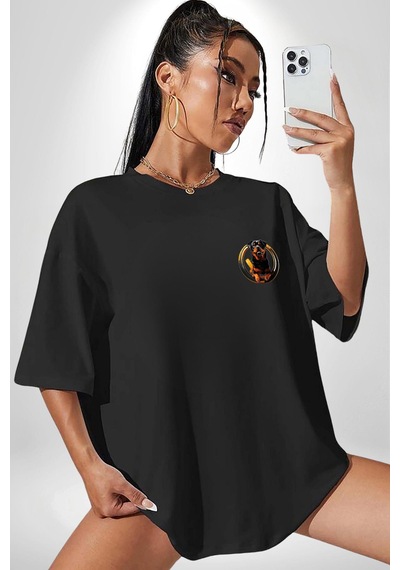 Süper Tasma Rottweiler Eğitim Siyah Oversize Unisex Ön Sol Yan Minimal Baskılı Tişört Koyu Siyah