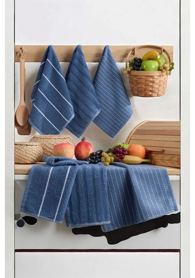 6 Lı Luna Naturel Mutfak Havlu Seti %100 Pamuklu 30x50 Cm Lacivert Çok Renkli