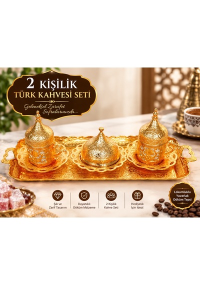 Osmanlı Motifli Türk Kahve Takımı Tepsili Metal Sarı 2 'li