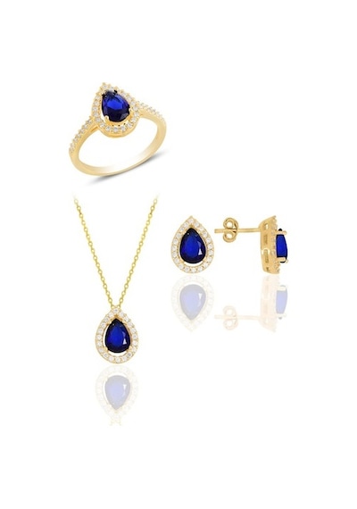 Gümüş Altın Yaldızlı Safir Taşlı Damla Modeli Üçlü Set