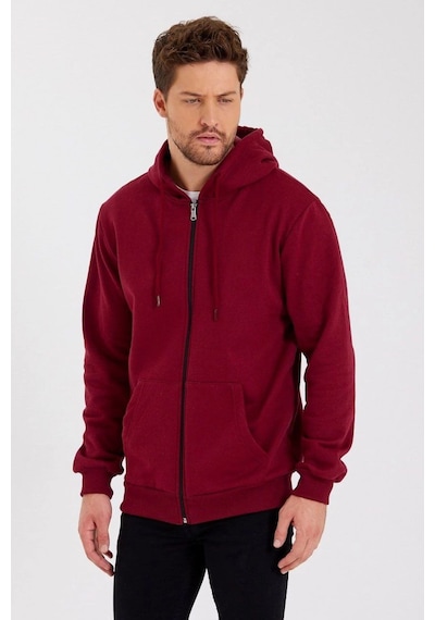 Barlashive Erkek 3 İplik Pamuklu Tam Fermuarlı Kapüşonlu Kanguru Cepli Düz Hoodie Sweatshirt - Bordo Çok Renkli