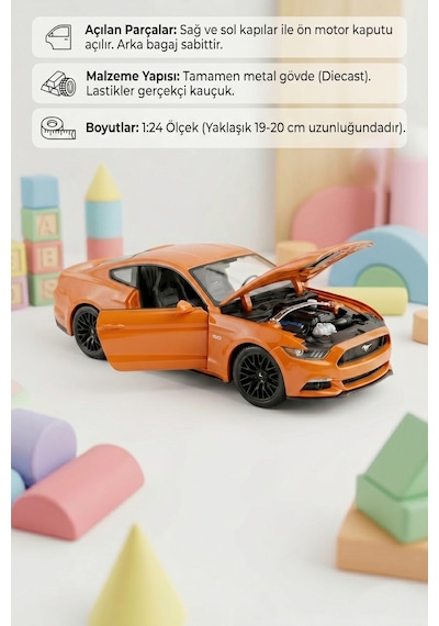 Maisto  Lisanslı Metal Ford Mustang GT 2015 1:24 Kapısı ve Kaputu Açılabilir Oyuncak Model Araba
