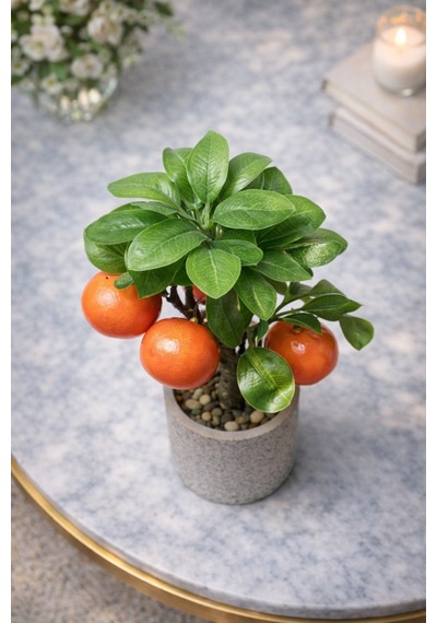 Yapay Mandalina Ağacı Saksılı 26 Cm Dekoratif Bitki Gerçek Görünümlü Mini Narenciye Ağacı