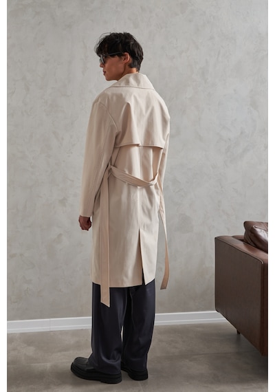 Erkek Kruvaze Yaka Oversize Trençkot Krem