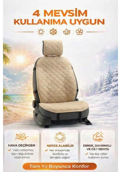 Oto Koltuk Kılıfı Tay Tüyü Tekli Ön Minder 4 Katmanlı Terletmez Airbag Uyumlu - Bej
