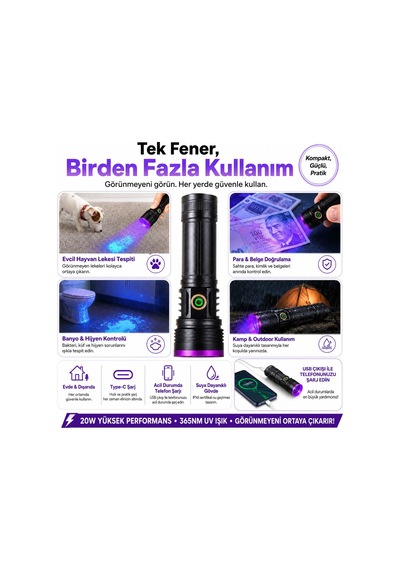 365nm Uv Siyah Işık El Feneri 20w Güçlü Led, Type-c Şarjlı, Ip65 Dayanıklı Gövde Diğer