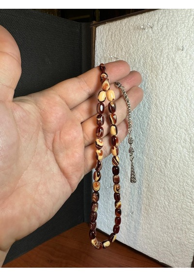 Sıkma Kehribar Tesbih Kahverengi/krem Kapsül Kesim 7x10mm T-259