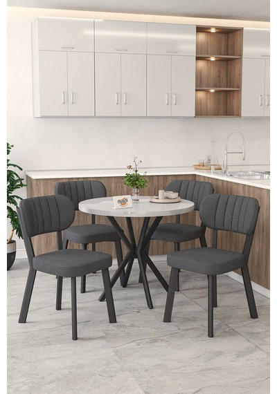 Gnr 90cm Sabit Beyaz Mutfak Masası Takımı, Yemek Masası, 4 Modern Antrasit Sandalye Antrasit