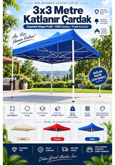 3x3 Metre Katlanır Çardak 420d Kumaş - 28 Kg Altıgen 30 Mm Profil Gazebo Çok Renkli