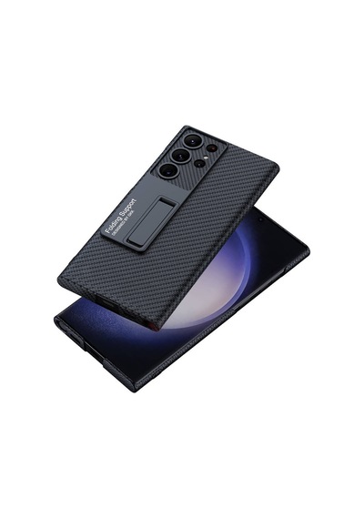 Galaxy Uyumlu S24 Ultra Kılıf Kılıf Karbonfiber Suni Deri Görünümlü Kıpta Standlı Kapak