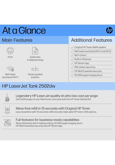 Hp Laserjet Tank 2502dw Wi-fi + Airprint + Ethernet + Çift Taraflı Mono Tanklı Lazer Yazıcı 2r3e3a