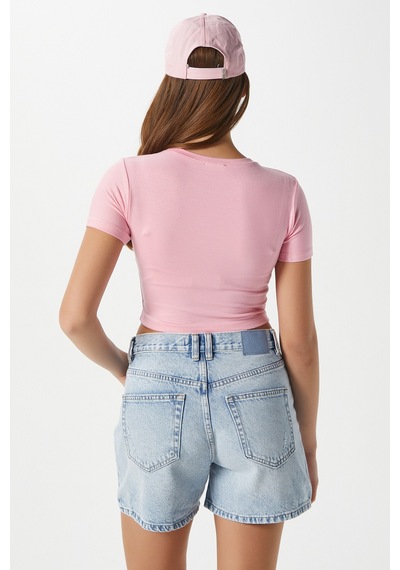 Ritnice Kadın Deal Lux Touch Yumuşak Doku Crop Pembe Bluz