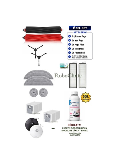 Roborock S8 Maxv Ultra Robot Süpürge Uyumlu Yedek Parça Toz Torba, Fırça, Filtre, Mop Deterjan