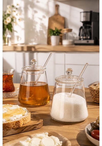 Porsima Lm-0019 Kaşıklı Kapaklı Cam 2li Şekerlik Sunumluk Seti Bal Ve Reçel Kavanozu Saklama Kabı 500ml Şeffaf